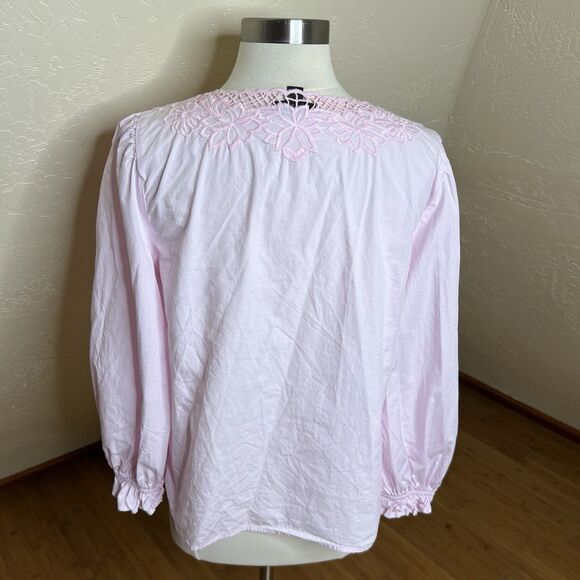 J Crew Top Womens Small Pink V Neck Eyelet Trim Cotton Long Sleeve Preppy - Picture 7 of 9